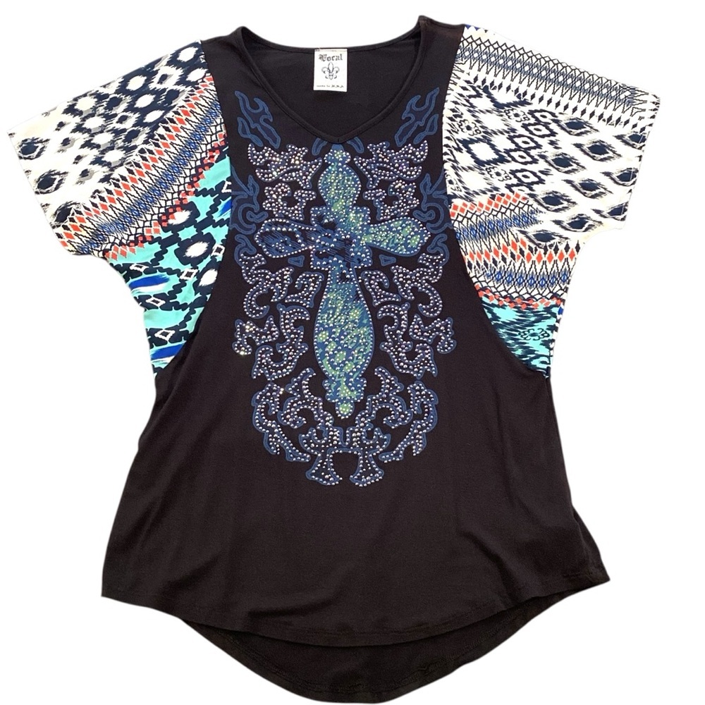 Vocal Rhinestone Cross‎ Flutter Sleeve Mixed Print Tunic Top Medium USA Fairy
